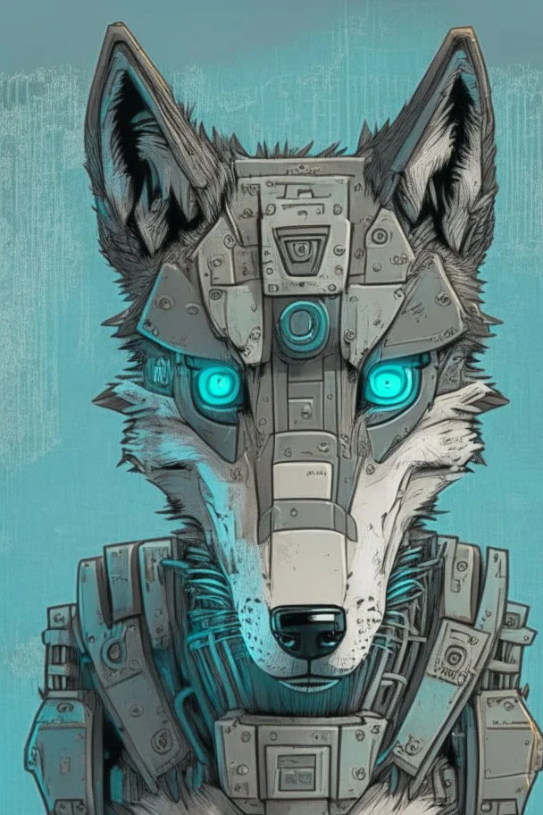 Robotic wolf looking at the camera, comic style