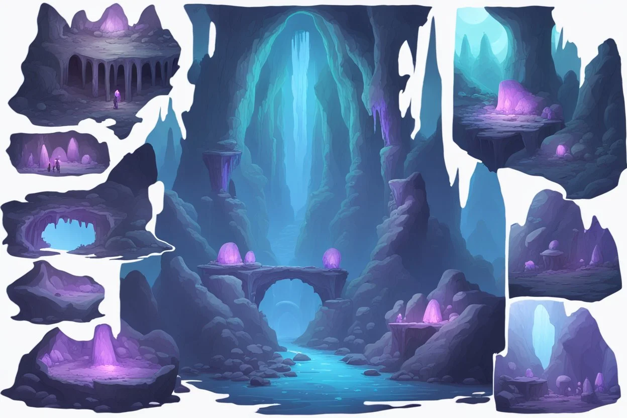 Underground passages, cavern caves tunnels, underdark route, glowing giant mushrooms, stalagmites stalagtites, cold rock surfaces, dark somber environment, soft weak blue lighting, soft weak purple lighting, soft weak green lighting