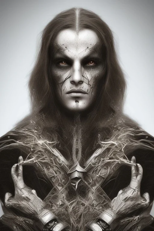 Symmetric portrait of a man with black metal facepaint , looking like Christos Antoniou