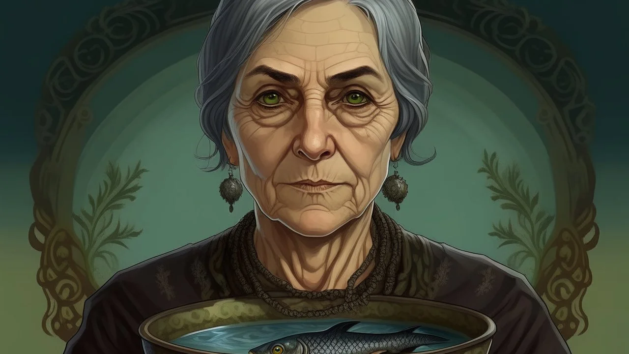 Havilaar, 43, has dark brown scales and dark brown eyes. Her gray hair is cut into a bowl shape. Her head is wide and she wears coarse eye shadow. Backgrounds and aquatic environment.