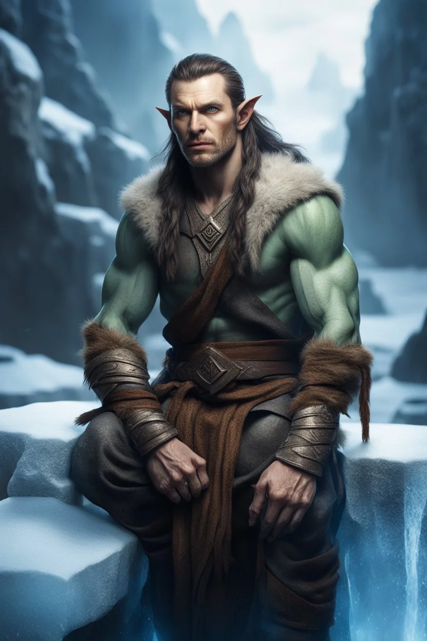 close up portrait of psionic christian slater ancient half elf half orc shaman thief in inviting pose on ice stone bridge, book cover