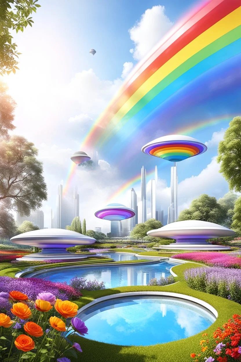 very beautiful, ,flowers, garden,rainbow, cité futuriste ultra moderne, ufos, cascade colorée