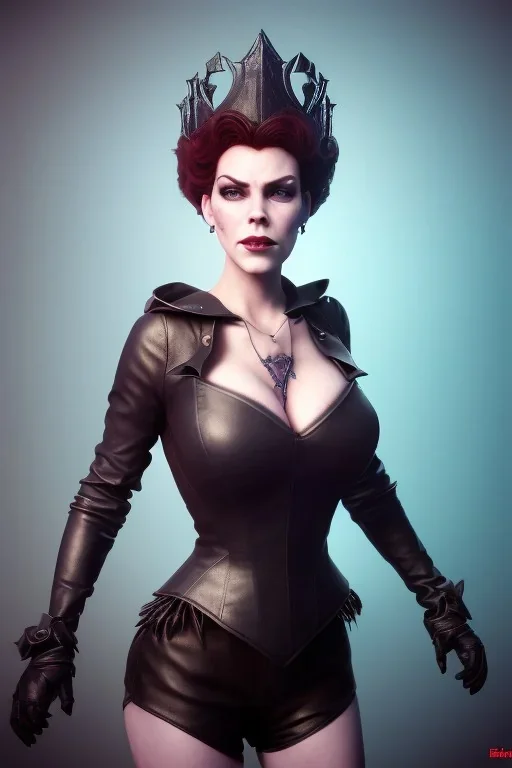 Hannah Waddingham as evil queen in black leather, busty, cleavage, voluptous, rebecca Welton, angry, stern look. character design by cory loftis, fenghua zhong, ryohei hase, ismail inceoglu and ruan jia. unreal engine 5, artistic lighting, highly detailed, photorealistic, fantasy