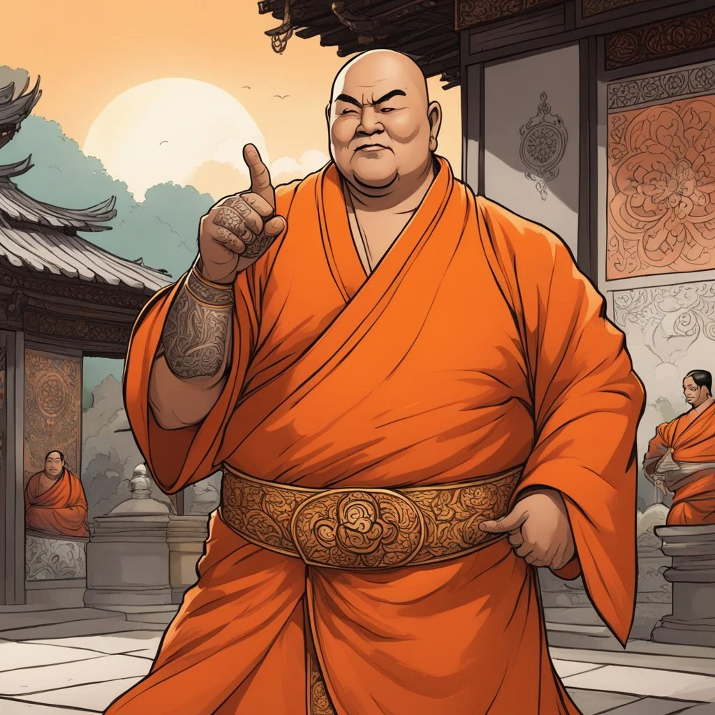 old fat menacing gangsta monk with tattoos is dressed with an orange buddah robe: page by artist Harvey Tolibao and colorist Rebecca Nalty for a tale. He points the camera to say "thank you", he holds a panel "Thank You!",