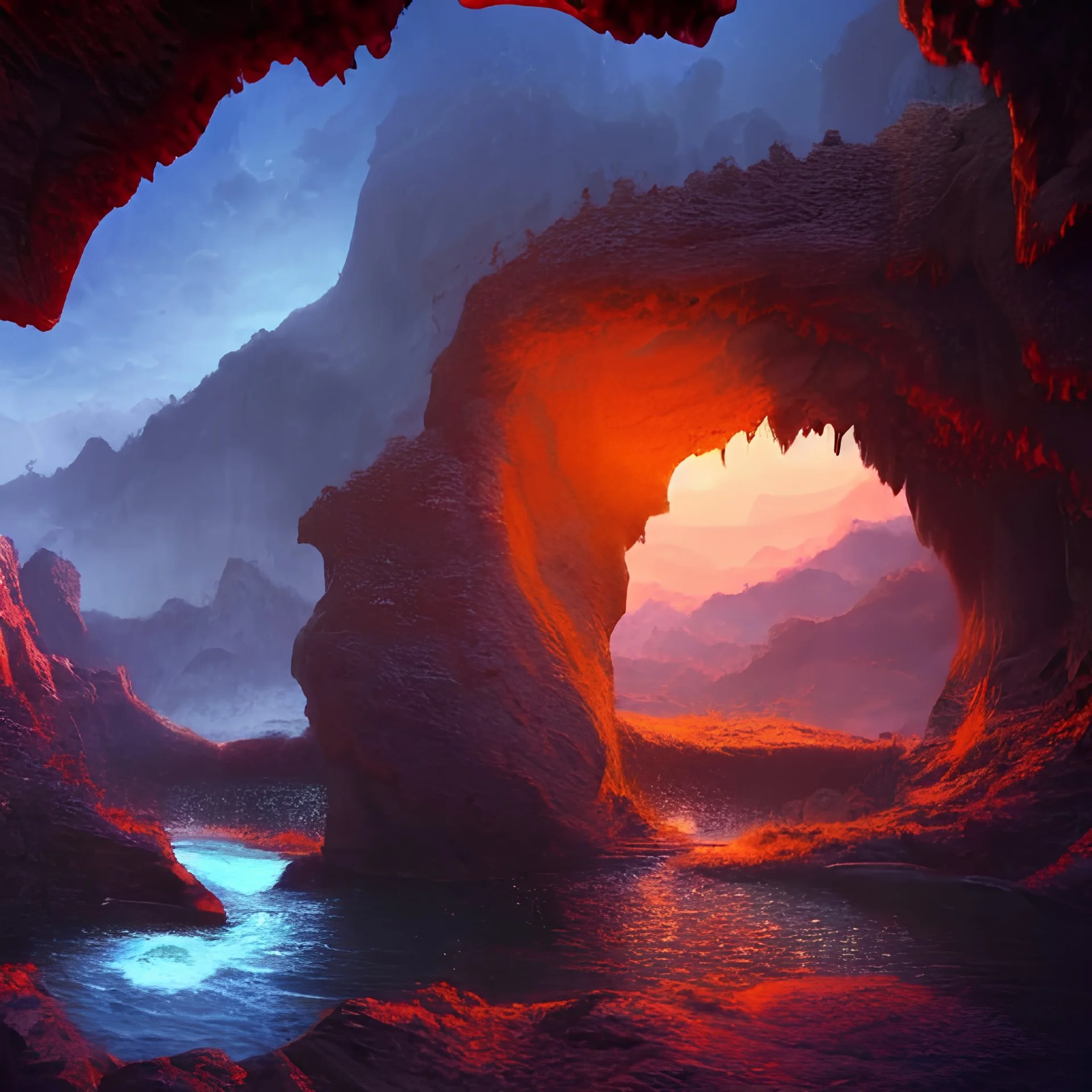 caves, water, sunset detailed matte painting, deep color, fantastical, intricate detail, splash screen, complementary colors, fantasy concept art, 8k resolution trending on Artstation Unreal Engine 5, no-signature, no-watermark