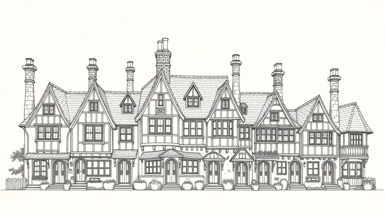 A highly detailed front elevation line drawing of a row of crooked fantasy houses, with twisted tall chimneys, rooms and floors added to sides and roofs, like Harry Potter's the Warren.