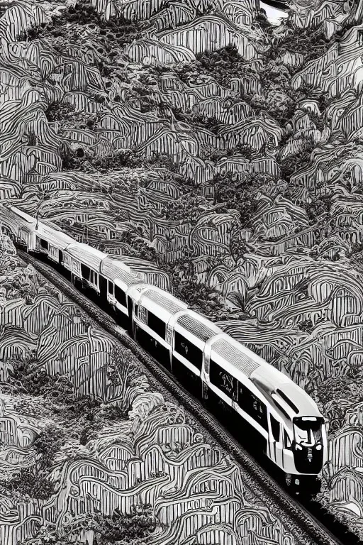 Insanely detailed intricately detailed meticulously detailed hyperdetailed black outline of a train on gold paper, high contrast, beautiful landscape, detailed full-color, nature, HD photography, Josan Gonzalez, Tishk Barzanji, Anne Dittmann, autoCAD