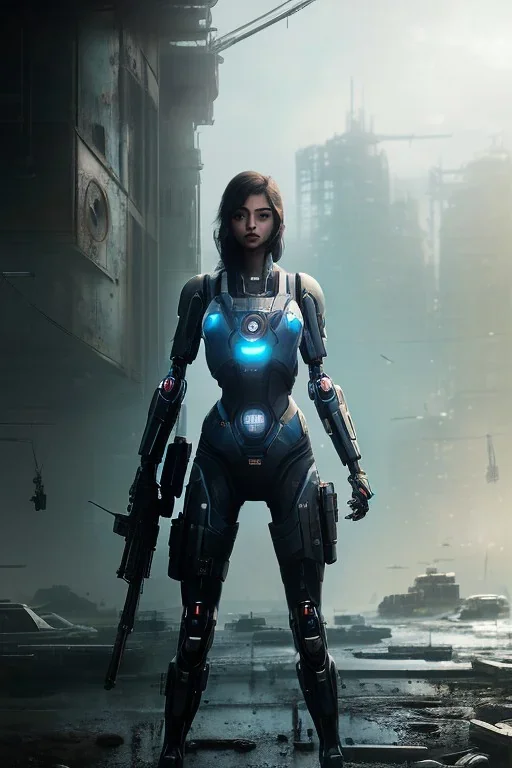 portrait,beautiful gun girl robot, post-apocalyptic in a cyberpunk city, realistic, intriacte detail, sci-fi fantasy style, volumetric lighting, particales,highly detailed,cinamatic, deep