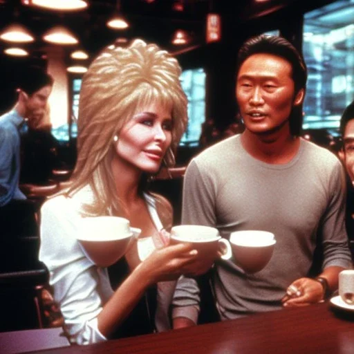 Courtney Cox, Dolly Parton, David Beckham and Ken Watanabe chatting happily over coffee at Starbucks