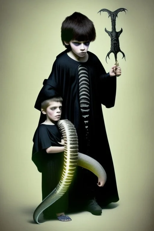 7 year old boy, necromancer, friendly, looks dead,with a long lamprey emerging from his belly , wearing black robes, in the style of H.R. Giger