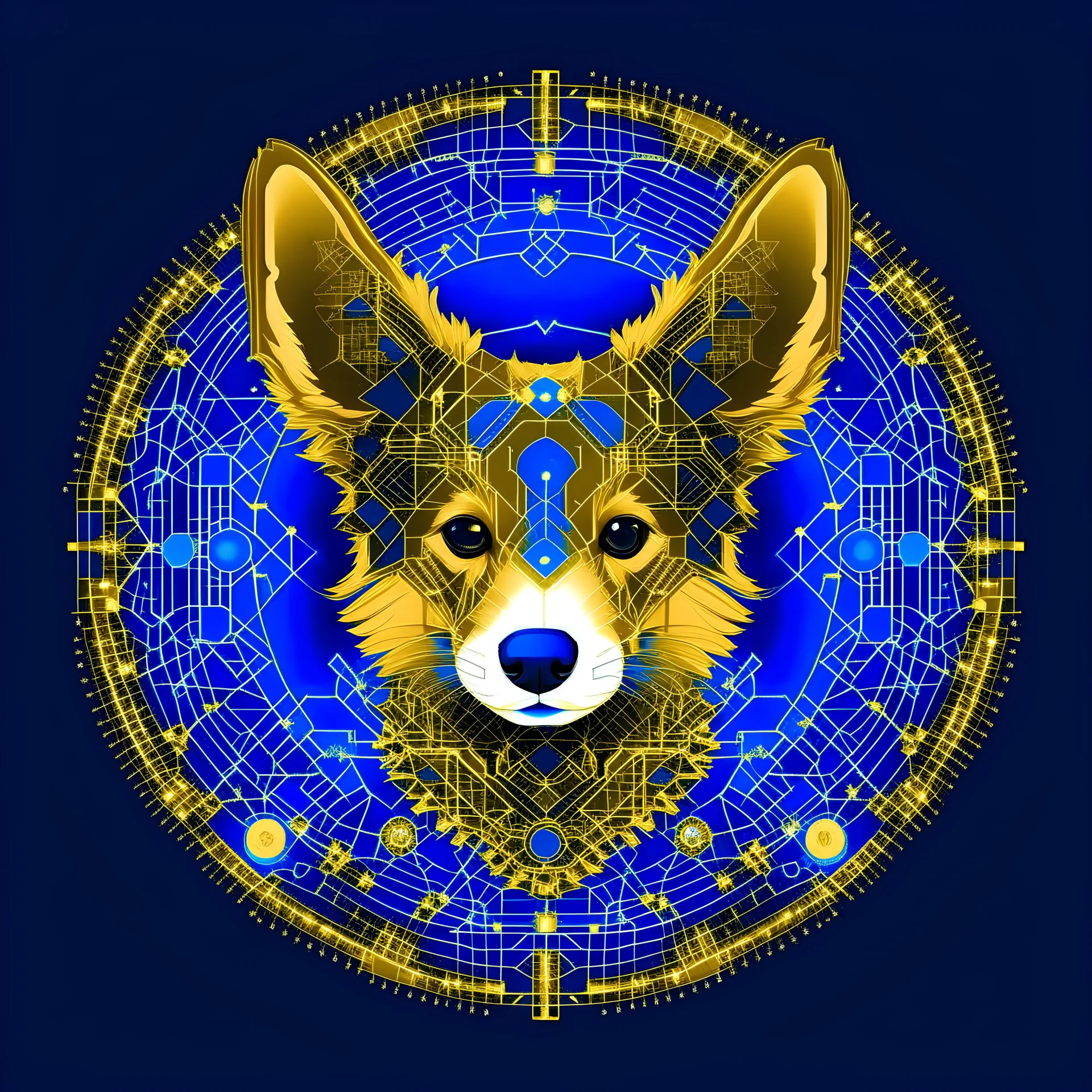 Blue and gold circle logo. A corgi composed of gold circuit board traces, with fingerprint and neural network superimposed behind
