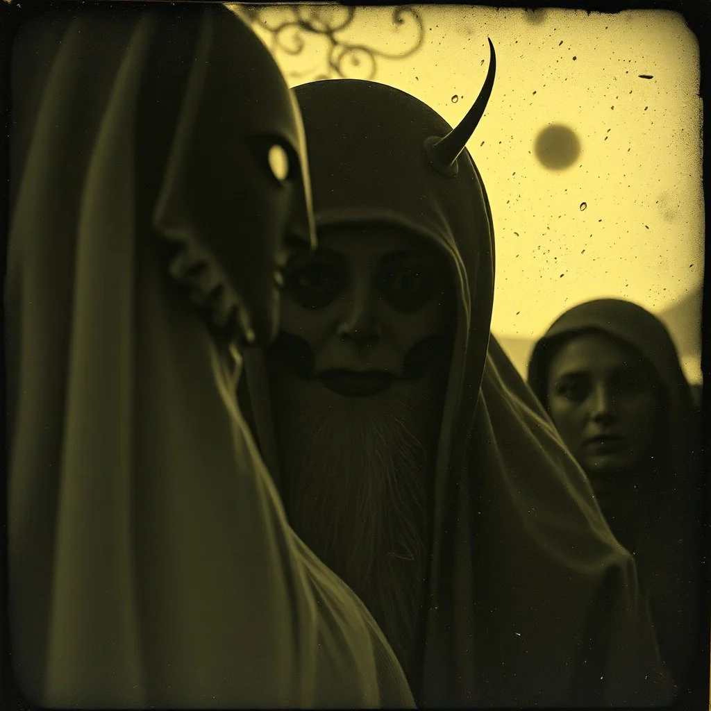 Daguerrotype close up some mysterious figures, odd background, Hieronymus Bosch Max Ernst ambient light, by Minicavio Quollati and Marlost Endgulp, Amano, Botticelli, Alphonse Mucha