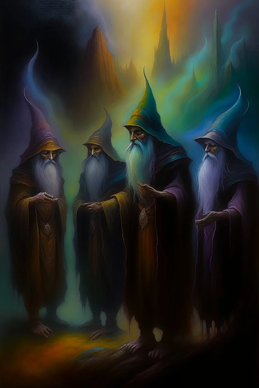 1970's dark fantasy cover dnd style oil painting of an holographic medieval hobo group of diferent species casting a spell in the mist with minimalist far perspective in an abstract pattern background.