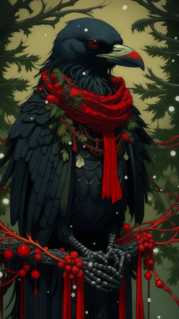 An illustration by Jakuchu and Matisse of a human-like raven adorned in a punk leather jacket within a Christmas atmosphere.