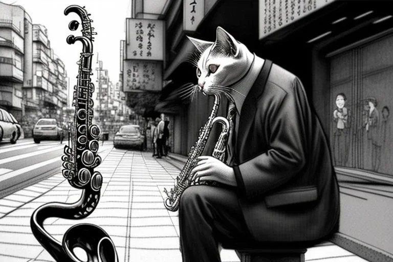 One mature cat playing saxophone on the street, Osaka, thoughtful, mourning, model style, hyper realistic, extremely accurate, delicate, extremely detailed, Graphic novel style, wide-angle, open aperture, superfine pencil