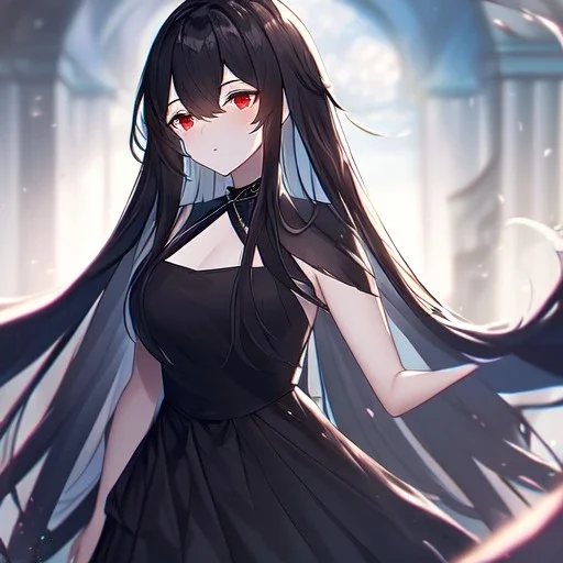 Clear focus,8k,Beatiful Lighting,Beatiful Blur,Beatiful Shading,Detailed,black long hair,fluffy hair, long fluffy bangs, red eyes, wearing a black outfit with a short black skirt