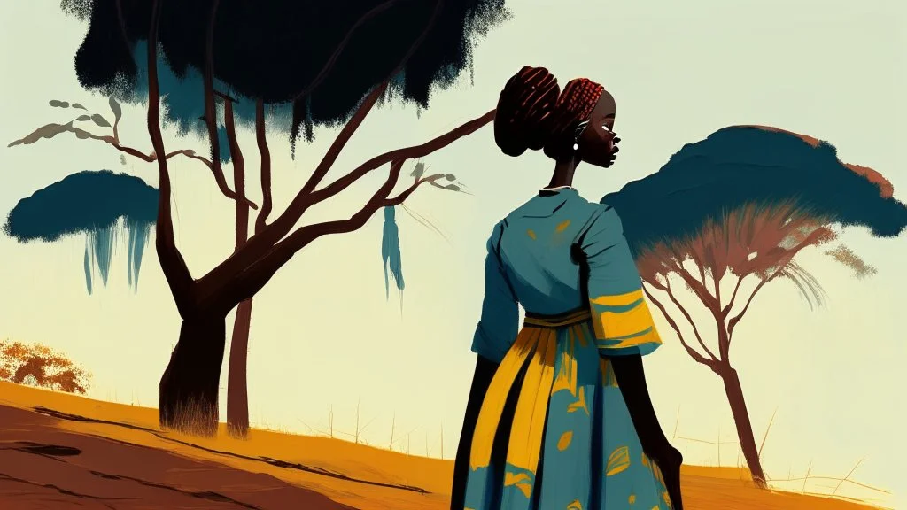 Design, African woman, oil painting, featureless, graphic, drawing without facial features, background, sky, trees, traditional clothes, cartoon, looking left