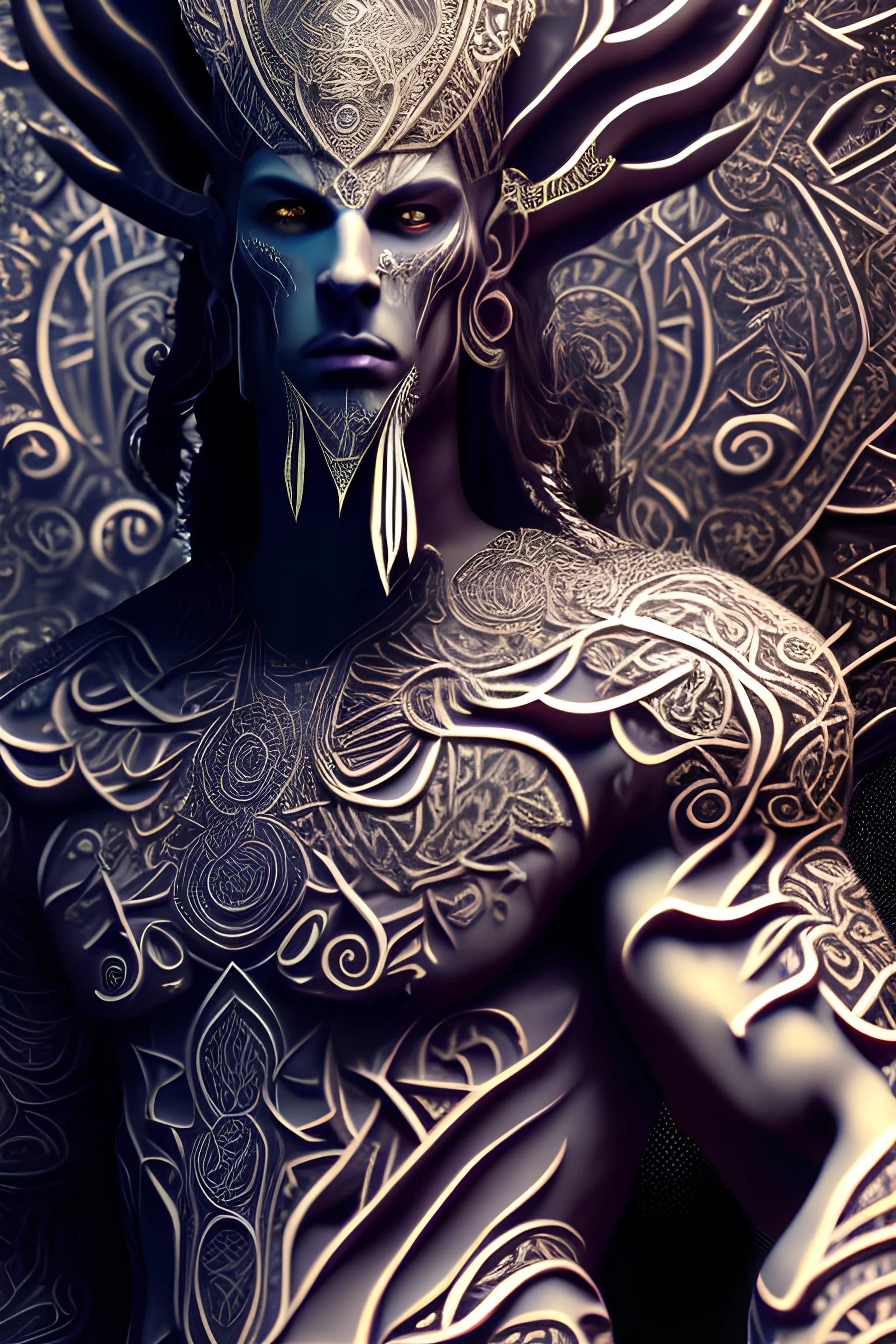 man, skin engraved with esoteric mystical symbols, dmt visuals, mythologic, strong, psychedelic, invincible, violent, focused, godpower, divine, dark, concept art, smooth, extremely sharp detail, finely tuned detail, ultra high definition, 8 , unreal engine 5, cinematic, ultra sharp focus, fantasy