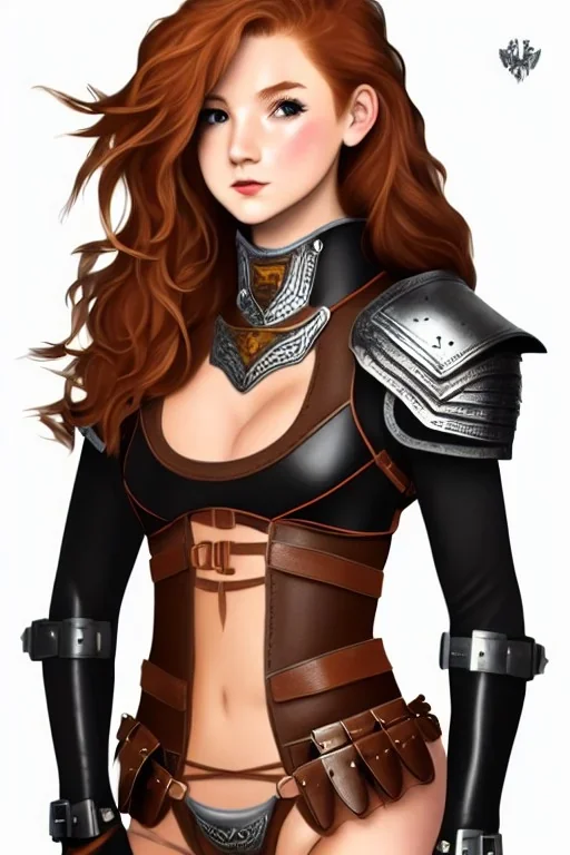 concept illustration, super-detailed, strikingly beautiful teen female, 16 years old, waifu, long ginger hair, medium freckles, full lips, full body, full face, b-cup breasts, athletic, centred camera, ignore NSFW, skimpy brown fantasy leather armor, halter top, micro thong, knee-high leather boots, open leather tasset, stern expression,