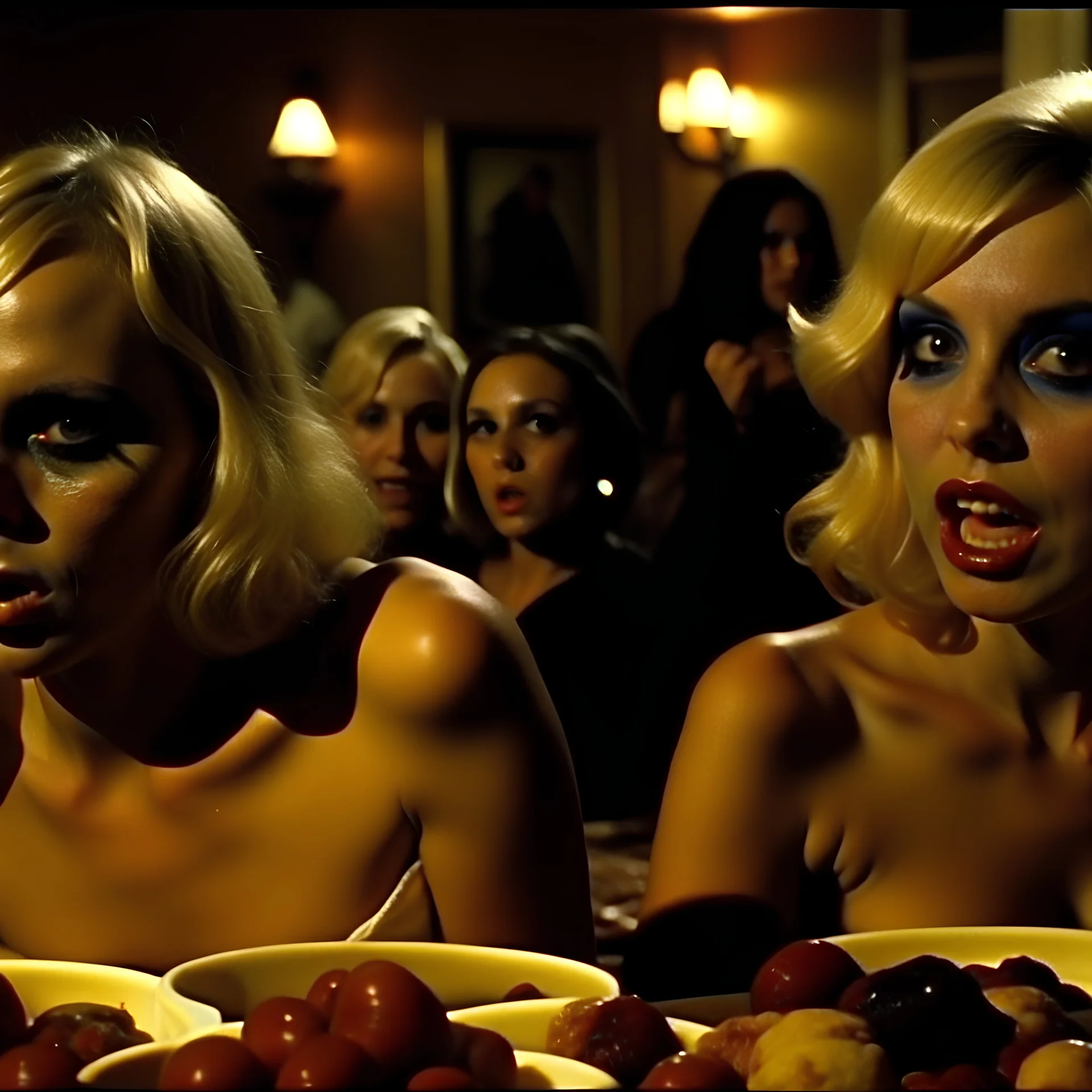 Horror movie shot, hot, ultra realistic, dine, horns, ultra chaos, realistic hot blonde women, party, pieces of meat, organs, hot dynamic, very excited people, hypermaximalist figures, light, 1970's Italian horror movie, sinister,, Dario Argento, Stanley Kubrik, ornate, 4k, photorealism