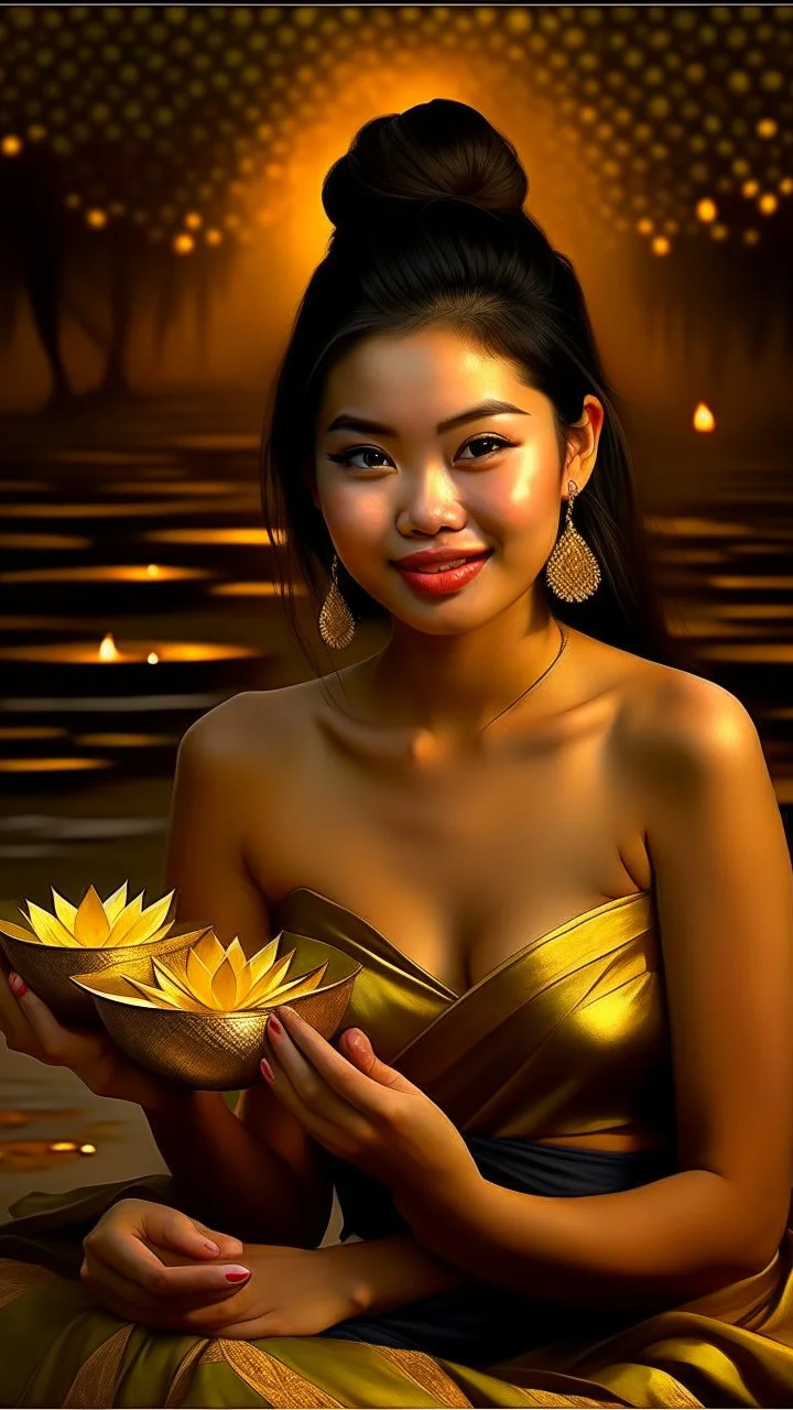 (((Nang Kwak))) is a Thai woman, beautiful face, wearing a loincloth. wear jewelry Hair styled in the traditional Dok Krathum style, sitting with a squat fold, left hand resting on the lap. There is a bag of money on the hand. Right hand raised in a calling gesture. Oil painting, realistic, wide angle,thai spirit