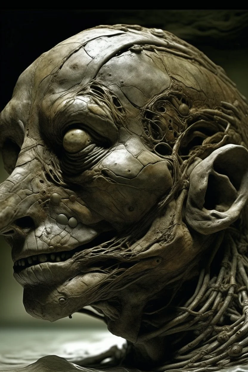 sculpture of rat face decayed and rotting with grotesque proportions and imagery. abstract grotesqueries, detailed texture, surreal , biomechanical design, by hr giger and beksinski
