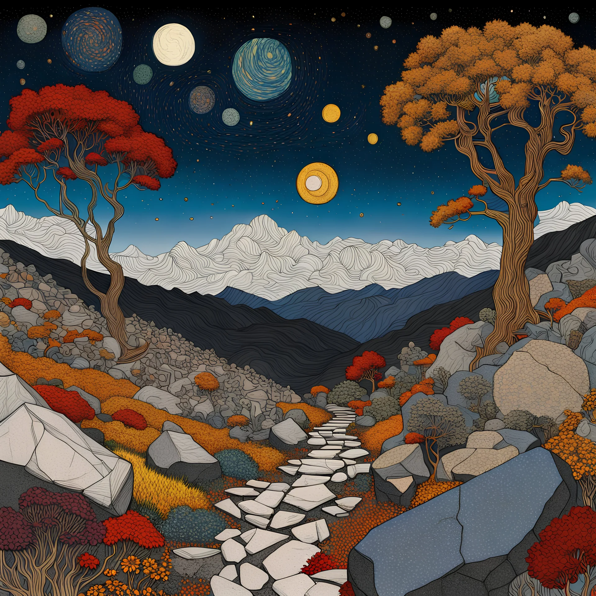 Colourful, peaceful, Egon Schiele, Max Ernst, Vincent Van Gogh, night sky filled with galaxies and stars, rocks, trees, flowers, one-line drawing, sharp focus, 8k, deep 3d field, intricate, ornate