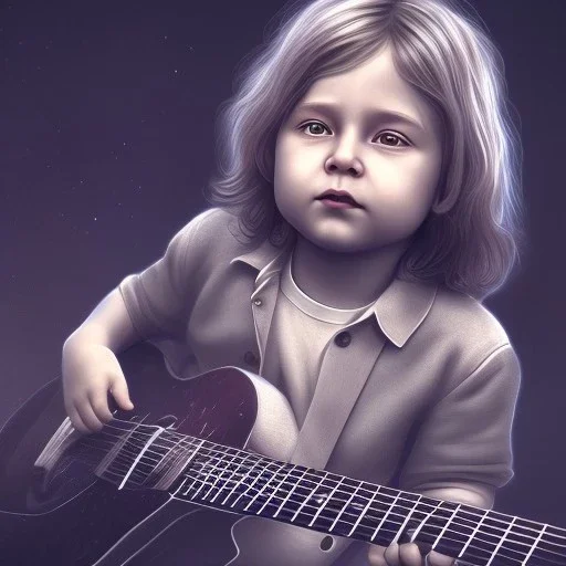 Mystery Kurt cobain toddler, full body, guitar, dramatique, art background, dramatic lighting, volumetric lighting, hyperrealisme, 8k, high quality, lot of details, fit within portrait, hyper realistic, unreal engine 5, uhd