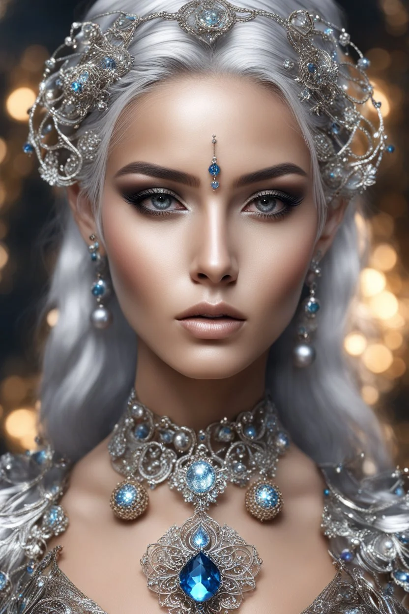 photography realistic portrait natural beauty of young woman, beautiful, shiny hard eyes, make up, Fantasy style, shiny baubles, ornate, large gemstones, shiny molten metalics, shiny wire filigree, silver hair, high definition, high res, octane render