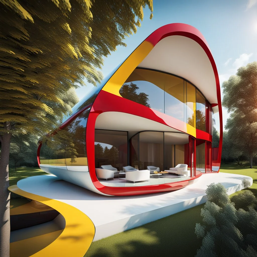 Vista aérea Casa campestre de cristal, estilo Zaha Hadid, ventanas de vidrio, Arte digital, calidad ultra, 8k, 3D, clima de verano, colores amarillo, rojo y blanco