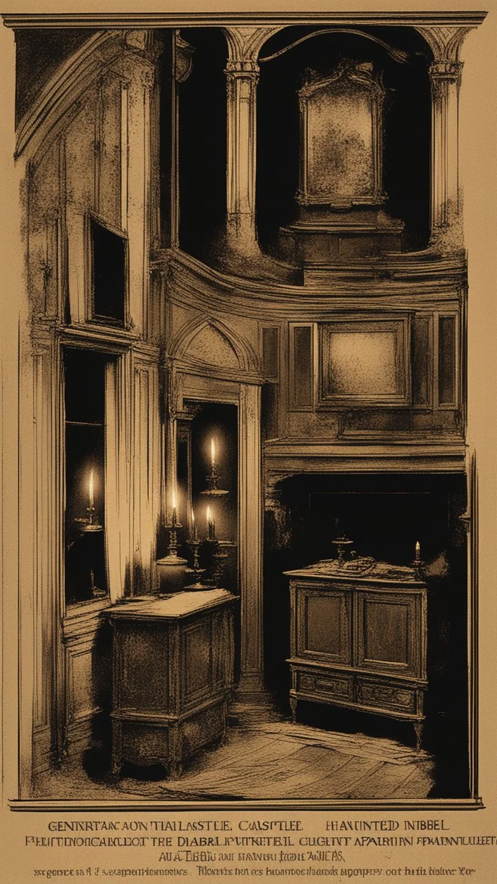 Generate an image of the interior of a haunted castle with dilapidated furniture and dim candlelight, capturing the haunting ambiance of 'Diabel' (1972). Include subtle ghostly apparitions or spectral figures