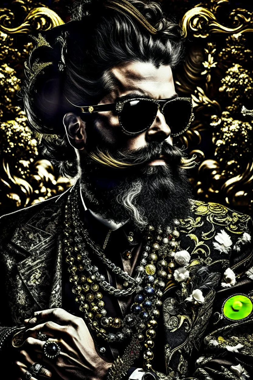 Artistic photo in the audacius style of Jill Greenberg, of man with a luxurious and striking style, abundance of jewelry, oversized sunglasses, neat black beard, feminine manirism, prints, desafiant, extravagant, barroque escene , impasto style with thick texture