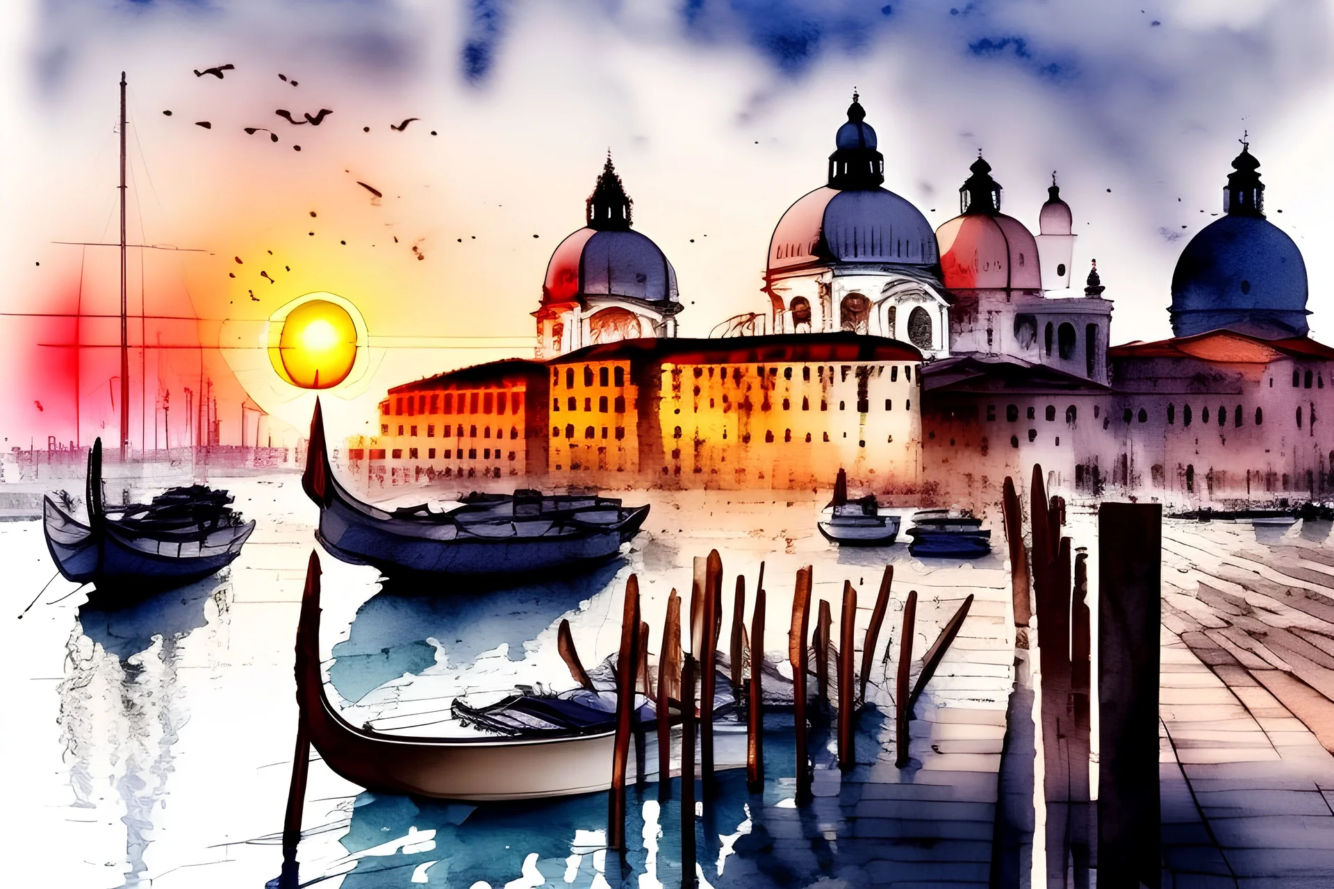 Hafen in Venedig, morgens, Sonnenaufgang, Aquarell, sanfte Farben, verhaltene Farben, Skizze