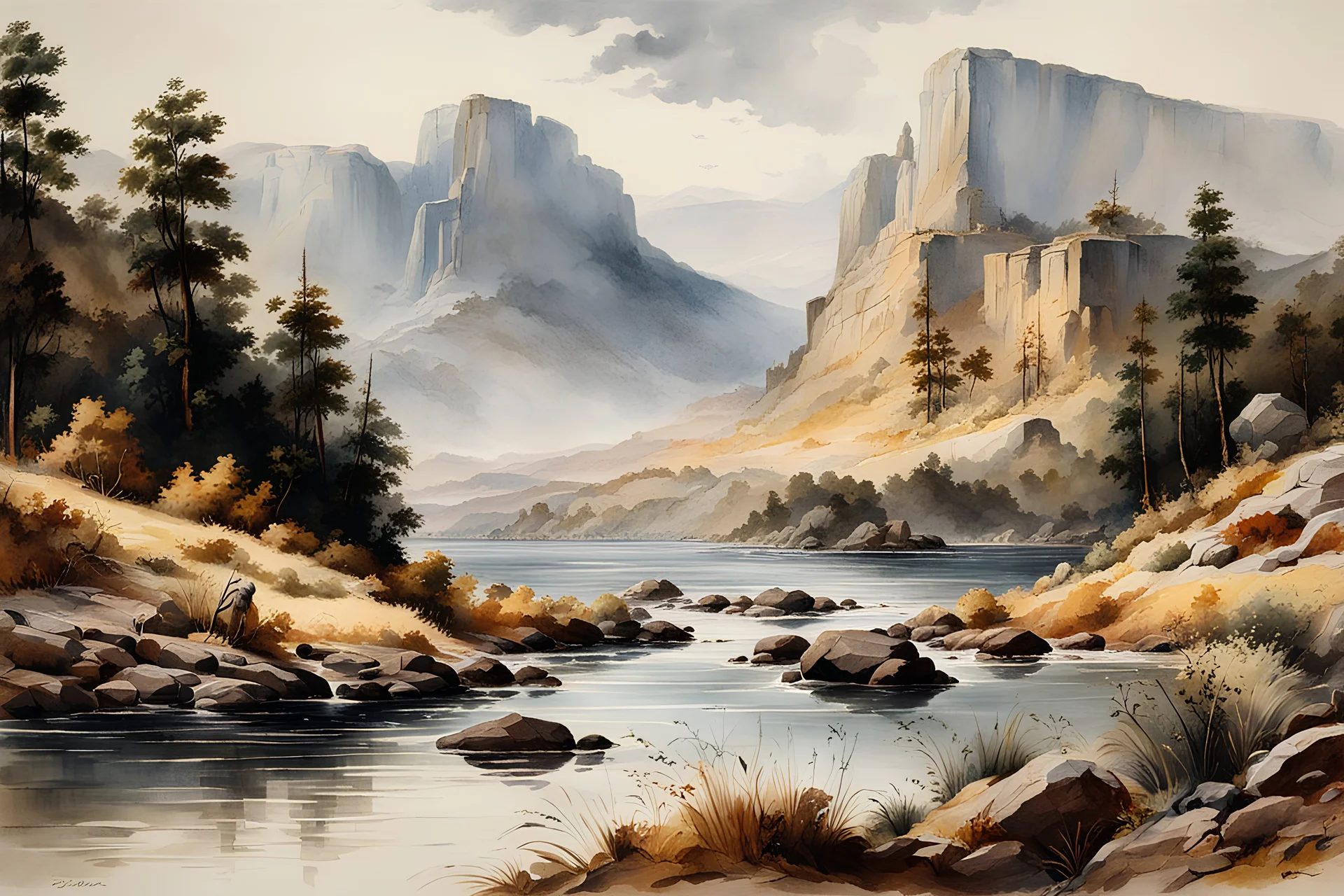 museum quality watercolor painting of the early 19th century, undiscovered American Southwest in the style of Karl Bodmer, and Winslow Homer, rendered as an aquatint, with a fine art aesthetic, highly detailed , 8k UHD cinegraphic realism