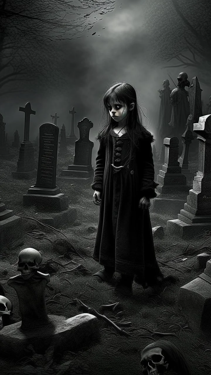 Art, fantasy,dark,scary, gathering,Gothic cemetery , a child