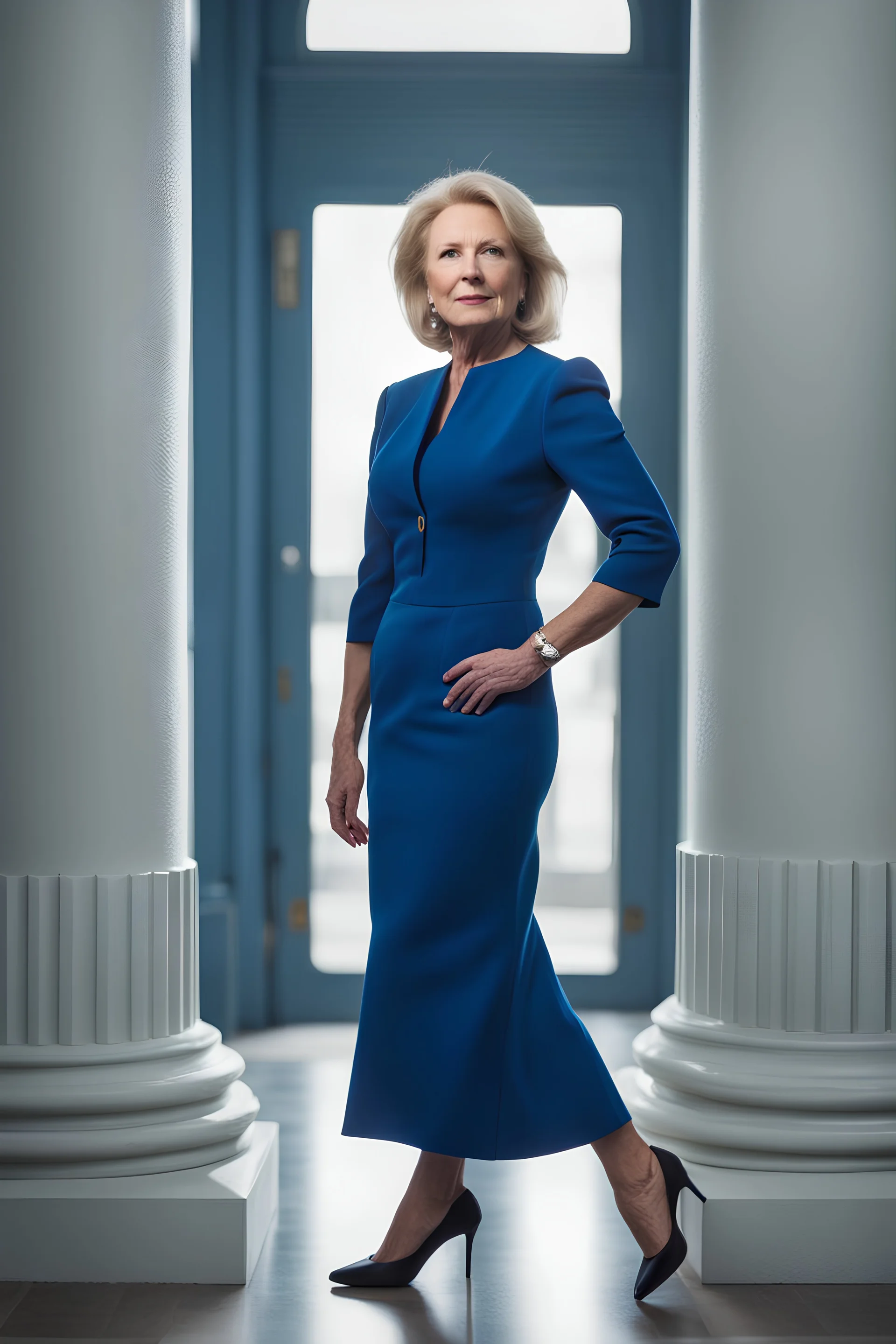 Powerful classical portrait of a modern blonde politician in her late 50s wearing a blue dress standing in a powerful position