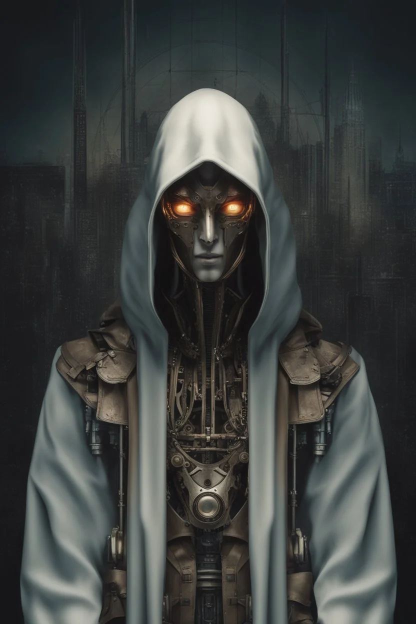 Leonardo Da Vinci style. Whole body. Masterpiece of a hooded killer Cyborg, his eyes are intense, (((full body))), contrasting colors. Fondo ciudad