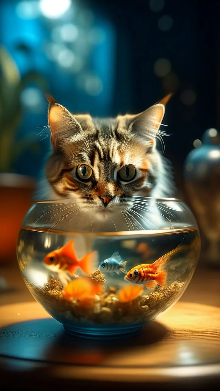 portrait of confused old cat holding a glass bowl with a huge 2d animated gold fishes and sharks in glass nursery having grown beaks and claws, bokeh like f/0.8, tilt-shift lens 8k, high detail, smooth render, down-light, unreal engine, prize winning