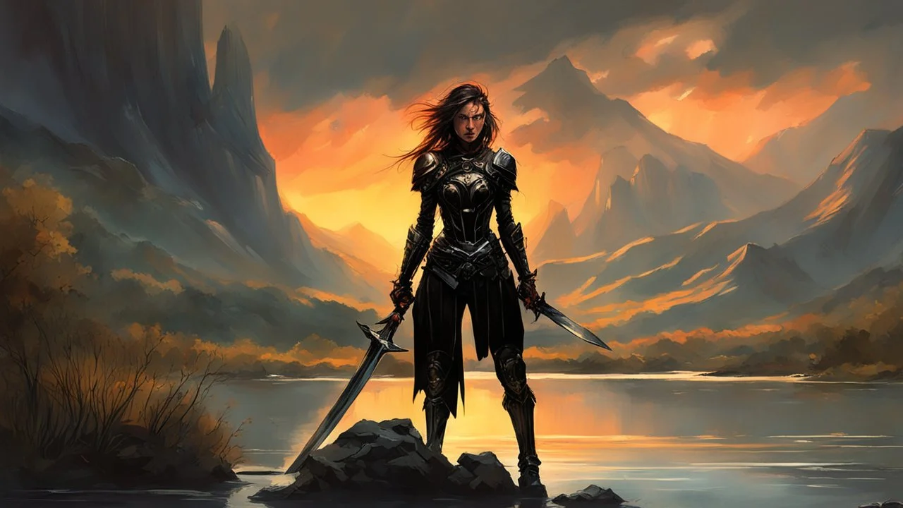 A formidable warrior girl in black armor, on the background Amazing gloomy landscape, flooded with sunset, mountains, trees, fabulous scary hero, , juicy emotions, painting, dark fantasy, gloomy day, dark world, portrait, by Stephan Martiniere