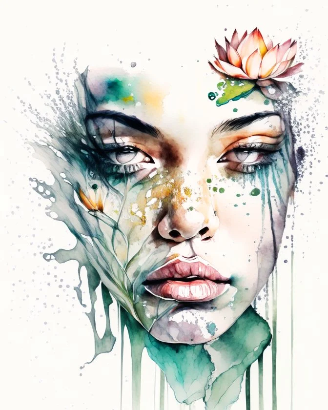 a hand-drawn watercolor painting of a woman's face with waterlily warped around the face like a snake, with a splash of mixed colors on a white background, sharp detail