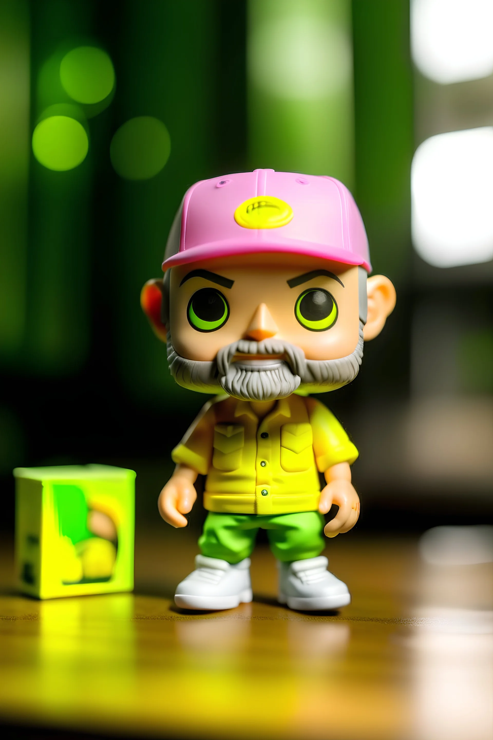 Funko figure of a male, smiling, called JAMES PULLEY, wearing a PINK henley t-shirt, a pink forward facing cap with a yellow embroidered J, khaki cargo shorts and camouflage crocs, shaved head and shaved gray beard. The Funko is displayed inside and outside a limited edition green and yellow Funko box with DIGITAL DRUID text, allowing visibility of the figure, typography, 3D render. White background