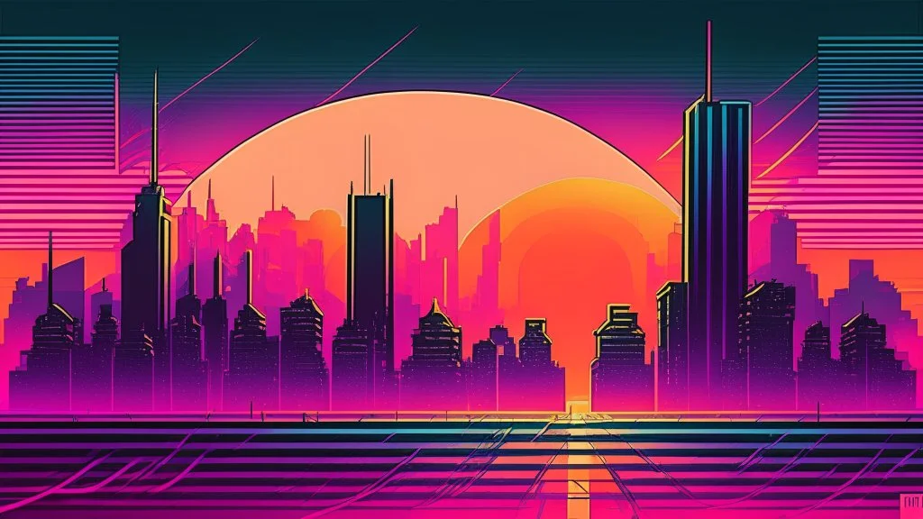 synth-wave, synth-wave one sun, synth-wave city, simple,iconic:1.8), synth-wave color in city, comic style