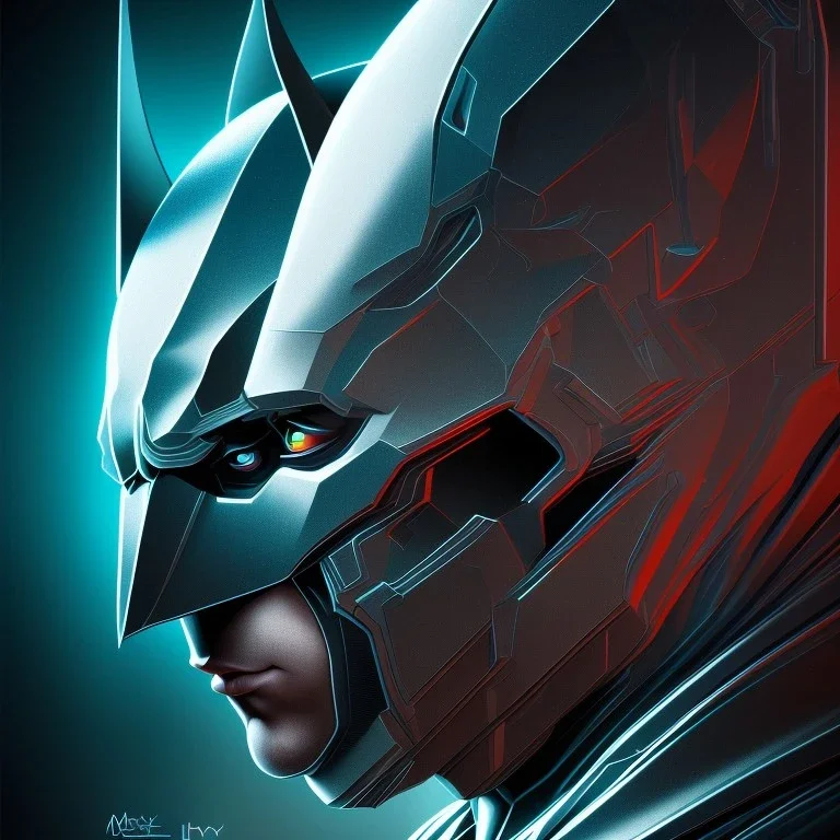 In a futuristic art gallery, a digital artwork of Batman's head captures the attention of all who pass by. The image is rendered in bold, vibrant colors and intricate details, creating a striking visual impact that is perfect for merchandise such as t-shirts and mugs. The image shows a close-up of Batman's head and face, with the iconic cowl and bat emblem prominently displayed. The image is set against a plain, single-color fluorescent background, adding a pop of color and a futuristic aestheti