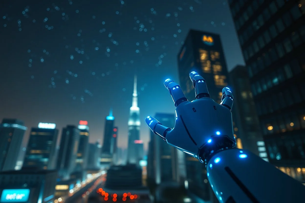 a modern city effective shot in a robotic hand blue sifi ,stars in sky,