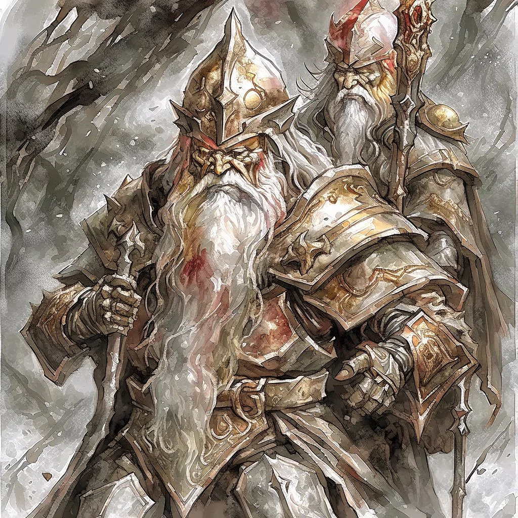 dwarf, dark armour, watercolour, artistic, illustration, rugged hair, bleak colours, dark atmosphere, shadows, portrait, wide face