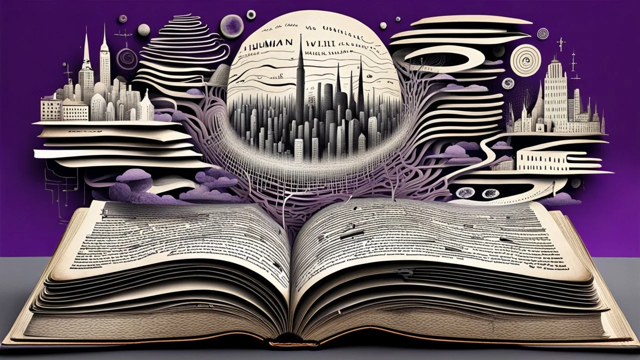 3d, egy kinyitott régi old book, kézírással írva egymás alatti hosszab, és rövidebb sorok, szavak, és listák egymás alatt, de nem olvasható betükkel, human form, circles, lines, around weird whimsical landscape sharp lines, many different size fade pale eyes, hands, building, and amorph shapes, fog, dark purple, gray, black, white, brown. nightmare style of Chagall , of Minjae Lee and Anton Semenov, Bosch, lonely in neurotipical life, neuron network with fog in background, surreal vibe