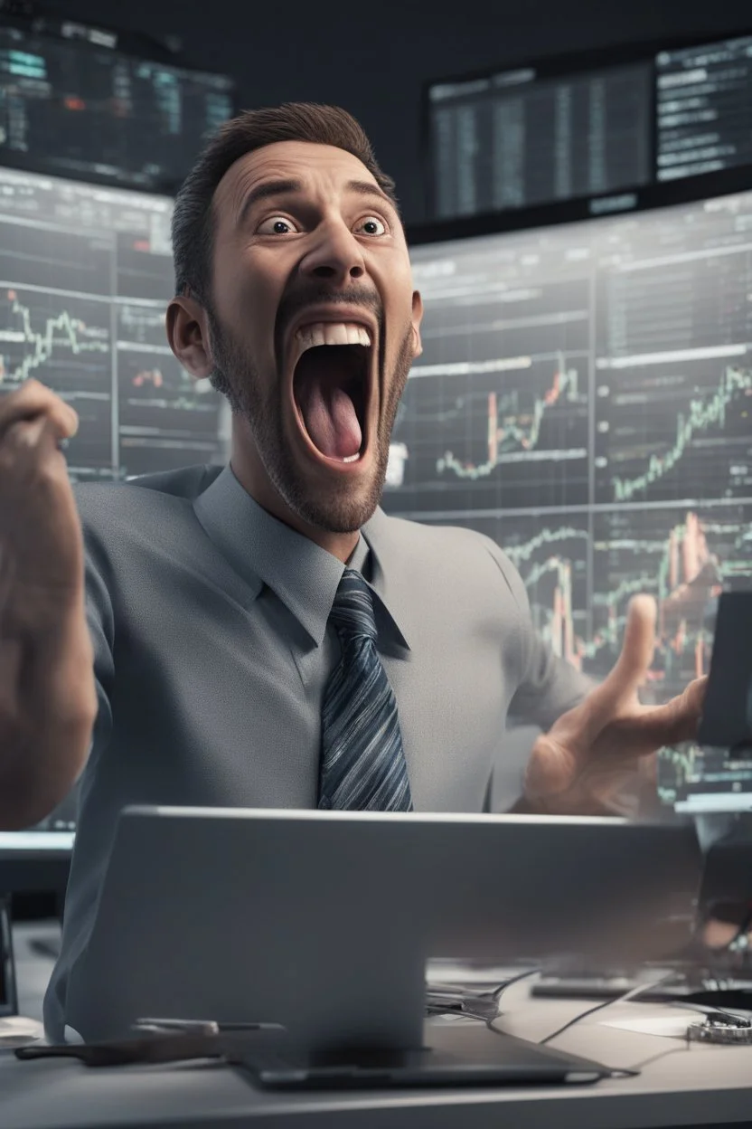 A 3d animated guy screaming with joy Infront of his PC as the bullish pips on the stock market is climbing, 8k, highly detailed