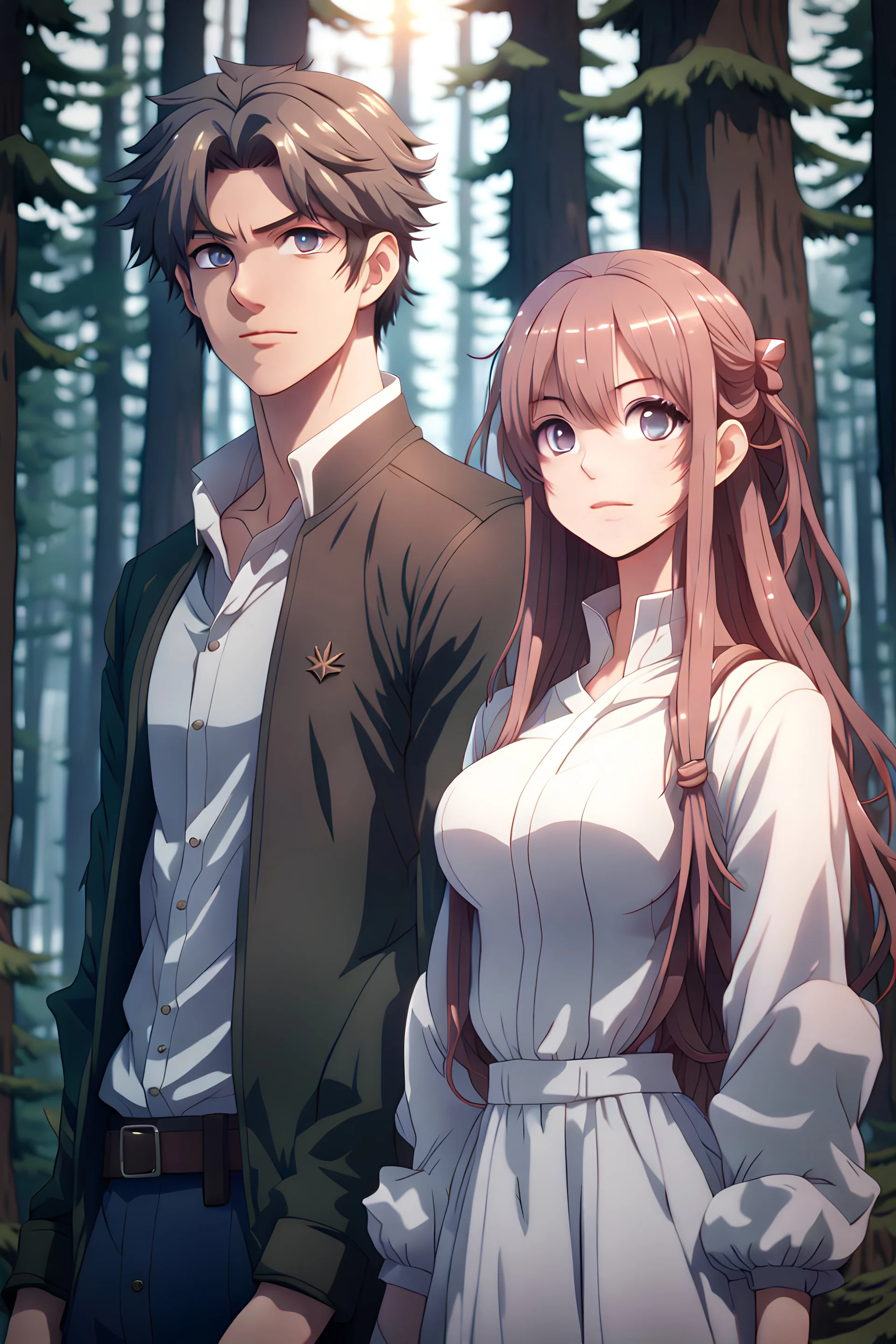 The beautiful girl with the handsome lad and perfect portrait is in the spruce forest, anime, feminine female character and tall male character, 8K resolution, high quality, ultra graphics, and detailed with lines.