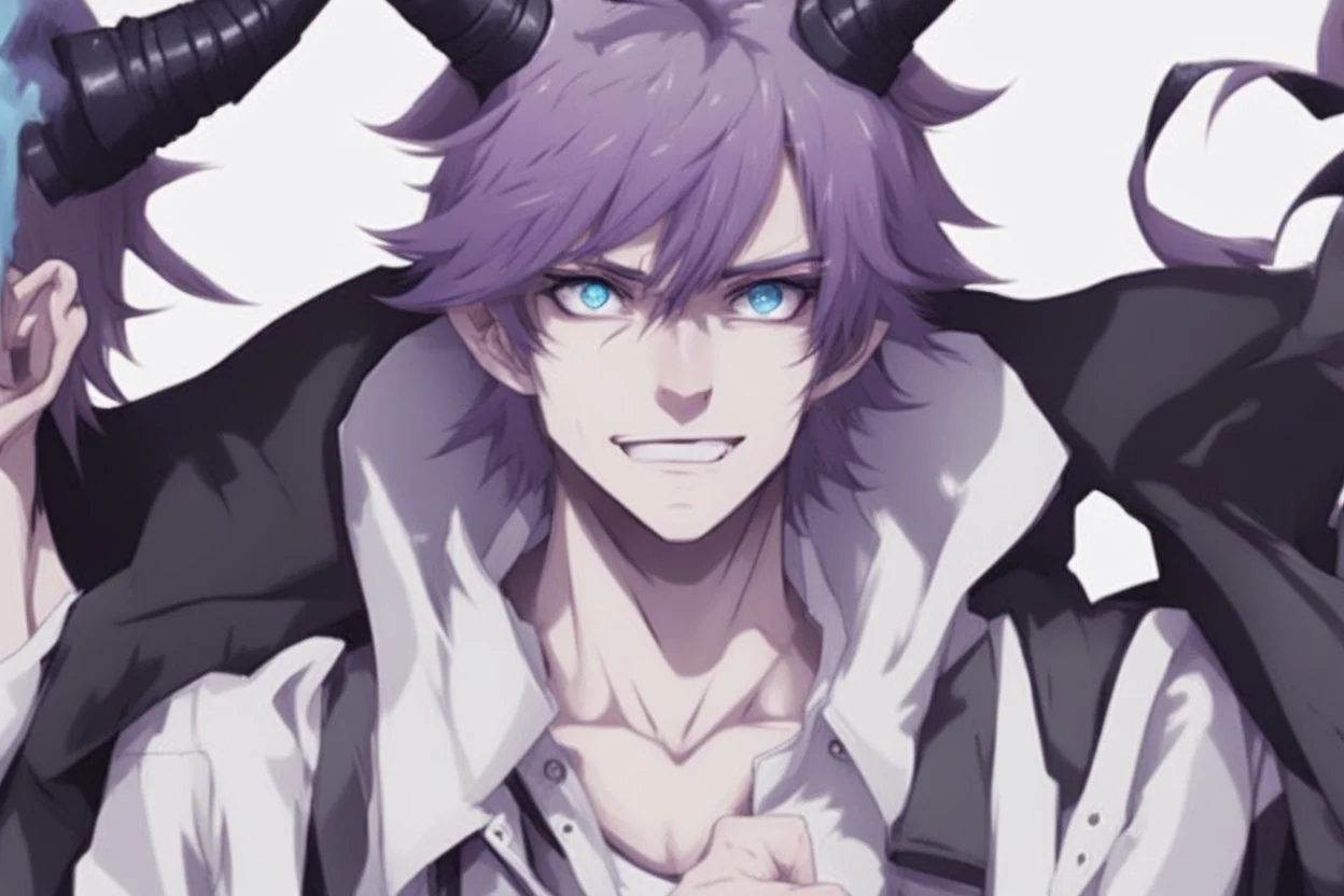 anime man with horns, fangs, messy purple hair and blue eyes