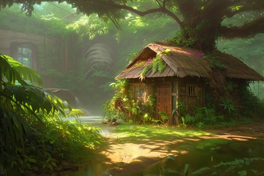 beautiful big flower tropical tree, little straw house dirty old abandoned, stream, bushes, grass and vine, small cliff, dwarf rocks, bright contrast, realistic painting, concept art, tropical forest background, hyperdetailed painting, by konstantin razumov